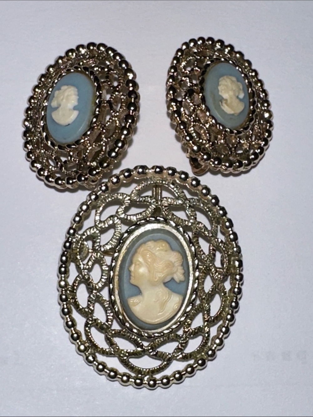 Sarah Coventry Vintage Inspired Blue Cameo Brooch and Earring Set Gold-Tone
